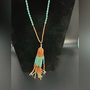 Orange and Blue Beaded Tassel Necklace
